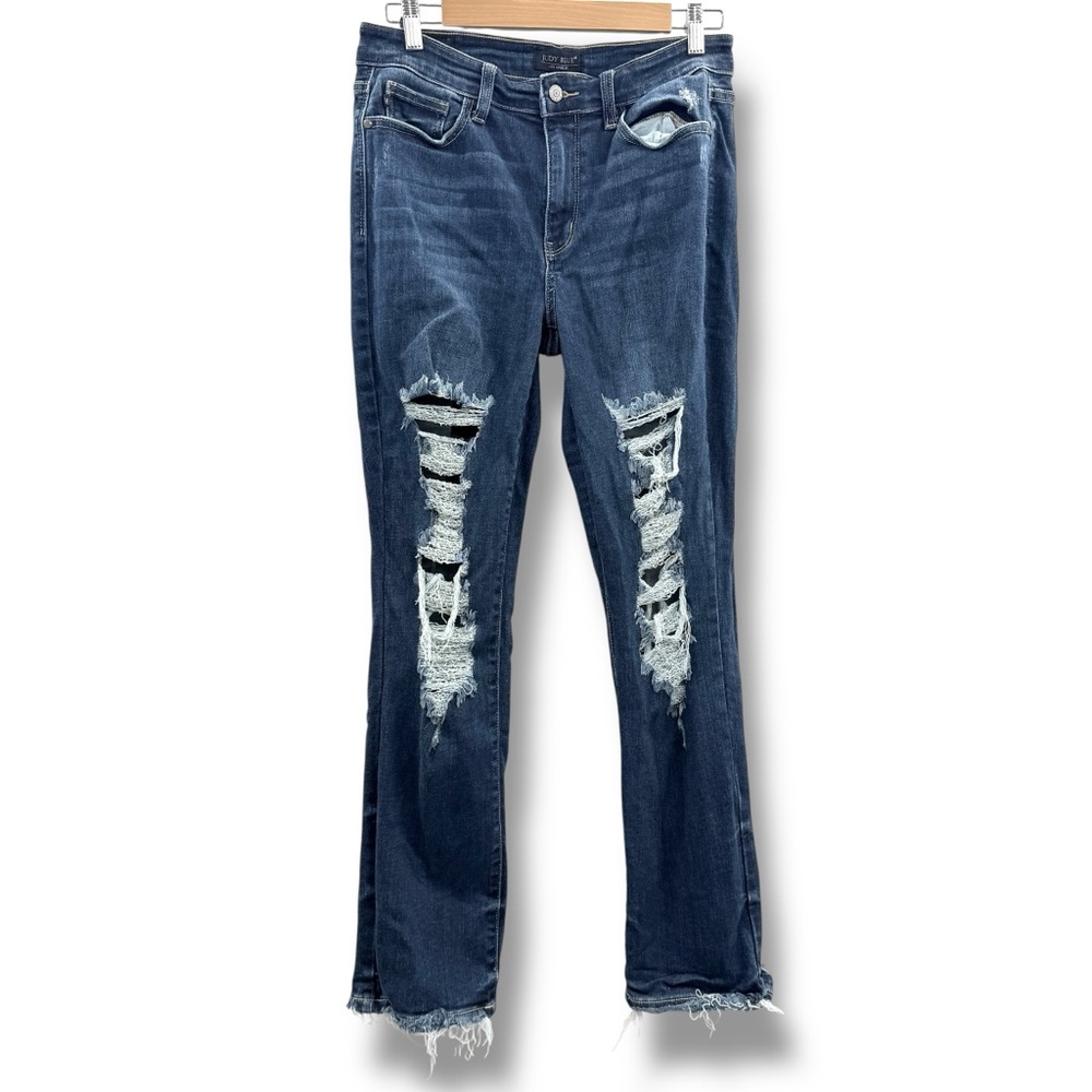Judy Blue Distressed Straight Leg Jeans Women’s Size 9/29 Medium Wash Raw‎ Hem